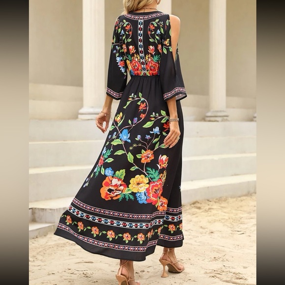 Boho floral print cold shoulder slit thigh maxi dress - Picture 3 of 6